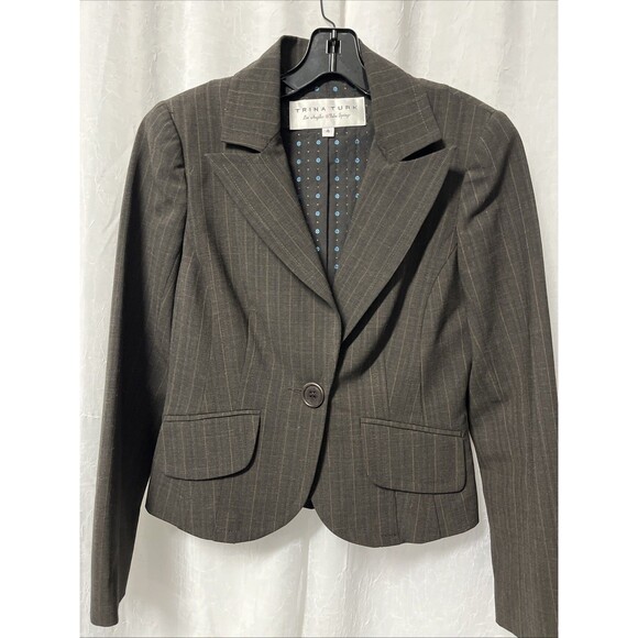 Trina Turk Women's Pin Striped Brown Crop Lined 1 Button Blazer Jacket Size 4 - Picture 1 of 8